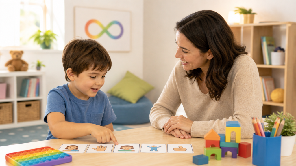 Otizm spektrum bozukluğu nedir sorusunu temsil eden, bir çocuğun özel eğitim ortamında görsel kartlarla iletişim çalışması yaptığı destekleyici eğitim görseli.