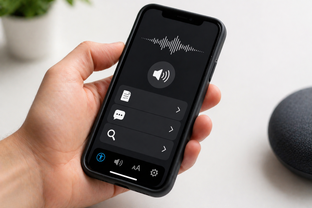 Ekran okuyucu özelliği açık akıllı telefon ile görme yetersizliği için dijital erişim desteği