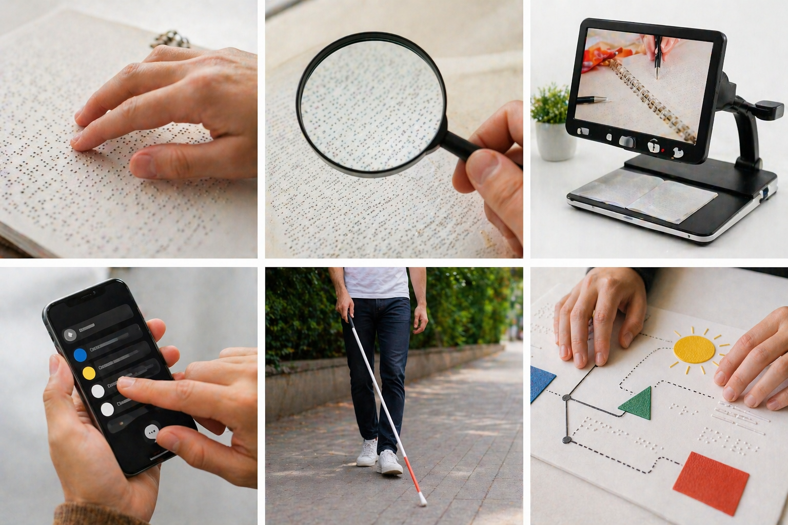 Görme yetersizliği olan bireyler için Braille, büyüteç, ekran okuyucu ve beyaz baston gibi yardımcı teknolojileri gösteren görsel