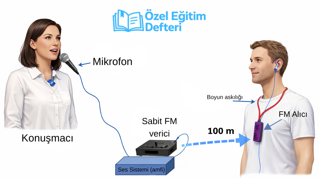 FM sistemi kullanımını gösteren görsel öğretmen mikrofonu verici ve öğrencide FM alıcı