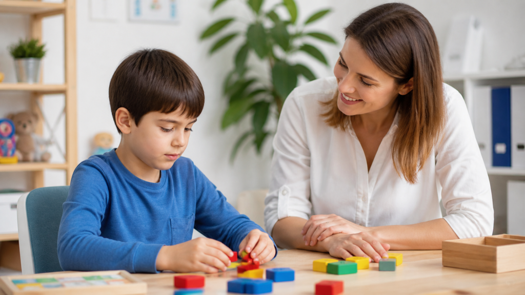 Asperger sendromu nedir sorusunu temsil eden, bir çocuğun özel eğitim ortamında dikkat, problem çözme ve sosyal etkileşim becerilerini destekleyen etkinlik yaptığı görsel.